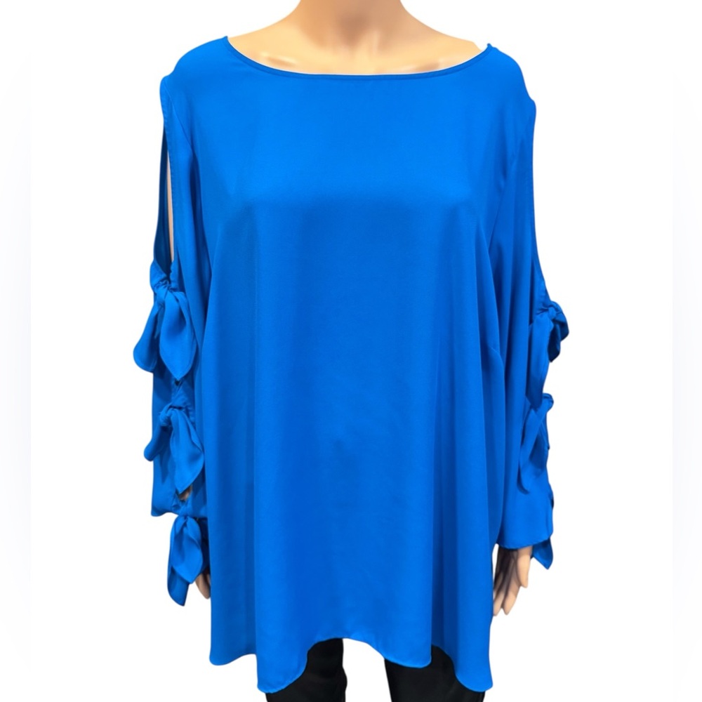 BOLD ELEMENTS Cut Out Tie Sleeves Blouse in Vibrant Cayman Blue 3X